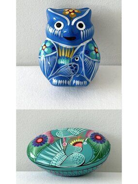 2 Mexican Talavera Pottery Jewelry Trinket Box Owl Bird Floral Hand Painted Clay